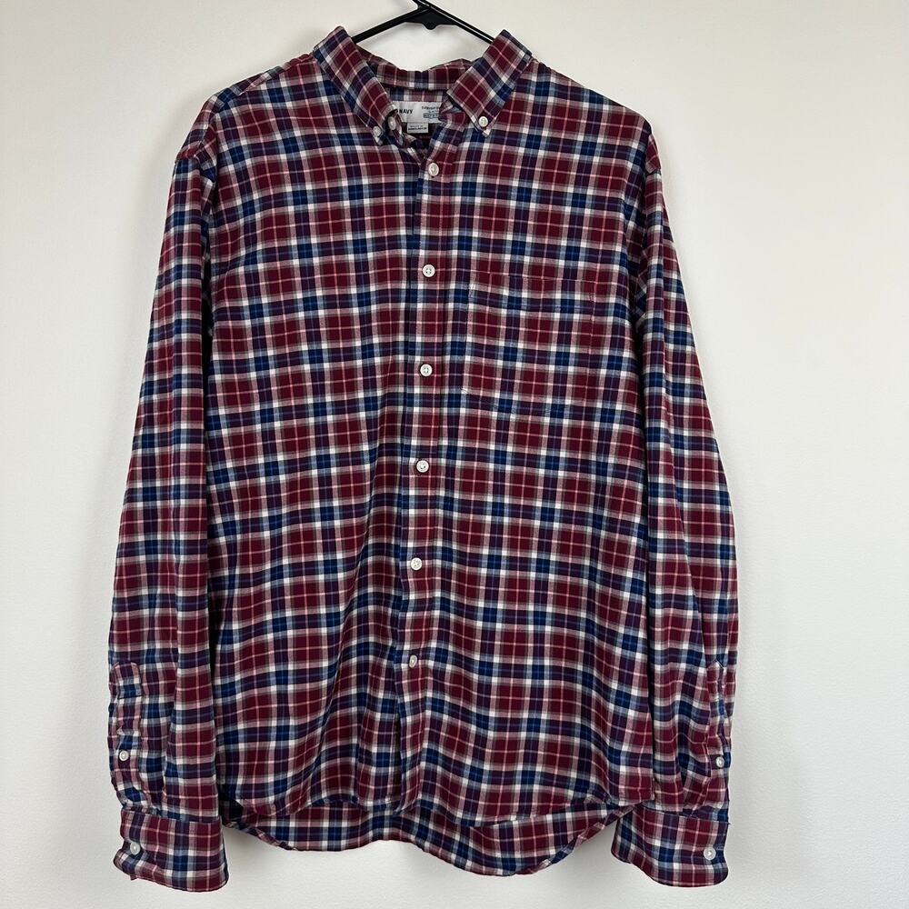 Old Navy Mens Slim-Fit Built-In Flex Red/Blue Plaid Casual Everyday Shirt Large